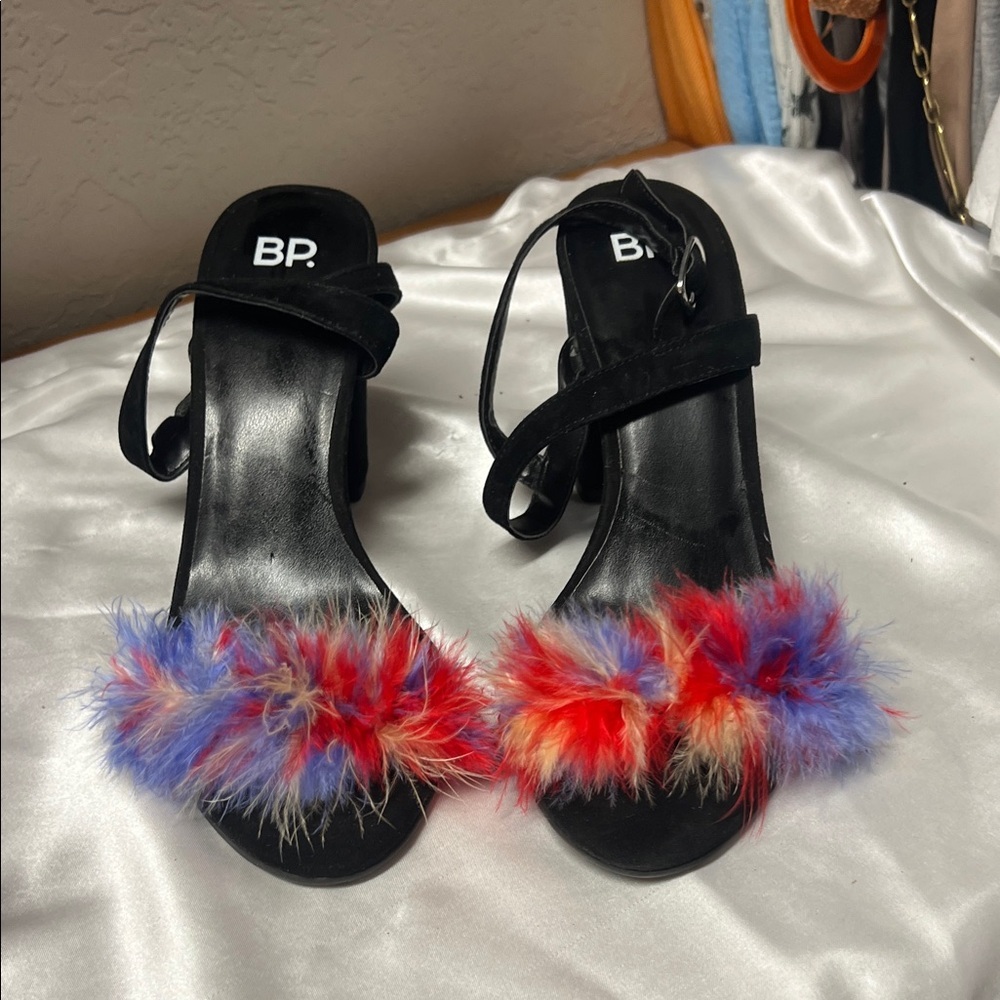 BP Women's Black Heels with Red and Blue Feather Accents